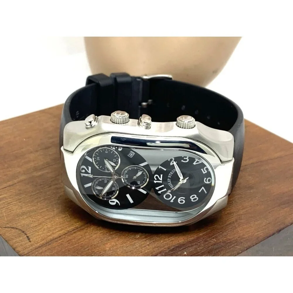 Philip Stein Men's Watch Teslar Quartz Dual Time Chronograph Leather Strap 37mm